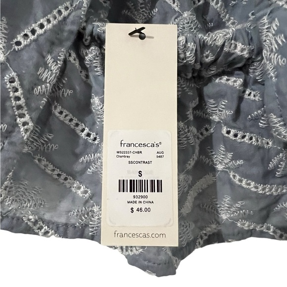 Francesca’s Crop Top. Blue with White Embroidery Flutter Sleeve Back Bow… - Picture 6 of 10